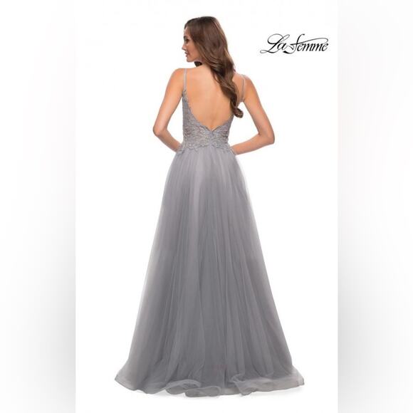 La Femme A-line tulle lace bodice sheer illusion gown size 14 Silver 29686 NWT - Picture 2 of 4